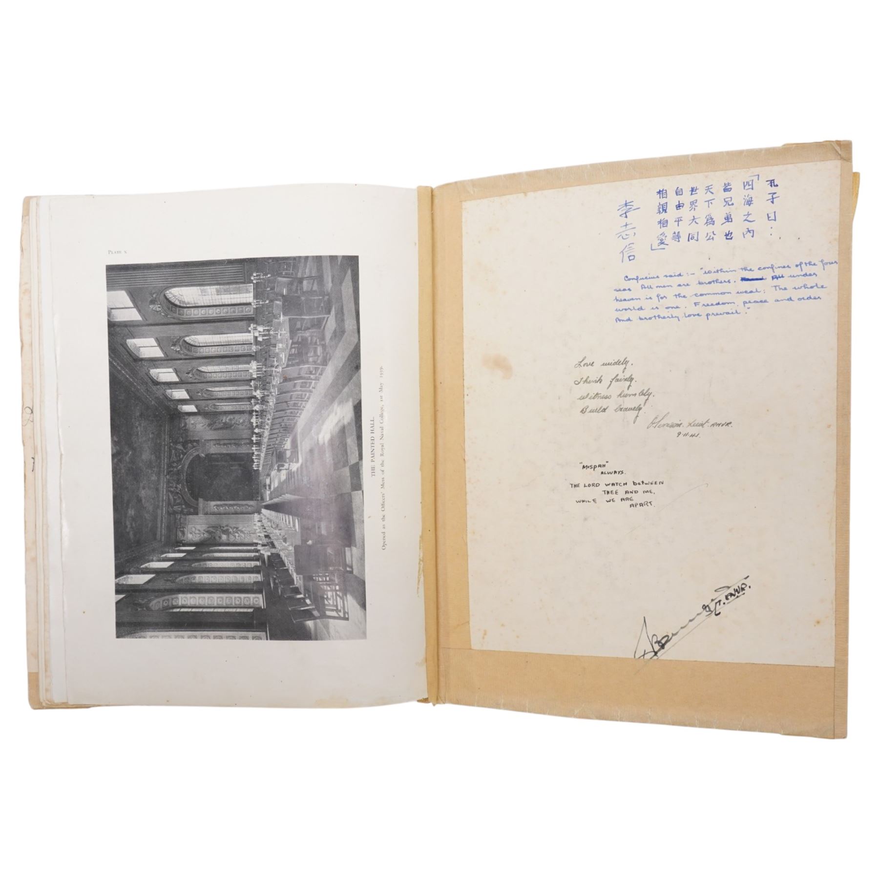 Violet Elizabeth Clifford - Chief Petty Officer 1940-1946, copy of Greenwich Palace  Guide Book containing a collection of photographs, autographs, drawings etc collected during her time at the Combined Operations Training Centre, Inverary which closed in 1946, together with a White Ensign 