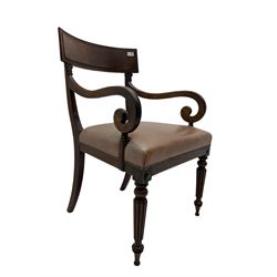 William IV mahogany elbow chair, curved rectangular back with mould, scrolled arm terminals, the seat upholstered in leather with studwork band, on turned a reeded supports