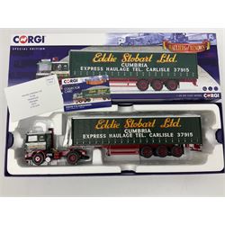 Corgi Eddie Stobart - two Special Edition Hauliers of Renown lorries; CC13749 Scania R Curtainside Trailer and CC15508 Volvo F10 Curtainside; and limited edition Hauliers of Renown CC13801 Mercedes-Benz Actros Fridge Trailer; all boxed (3)