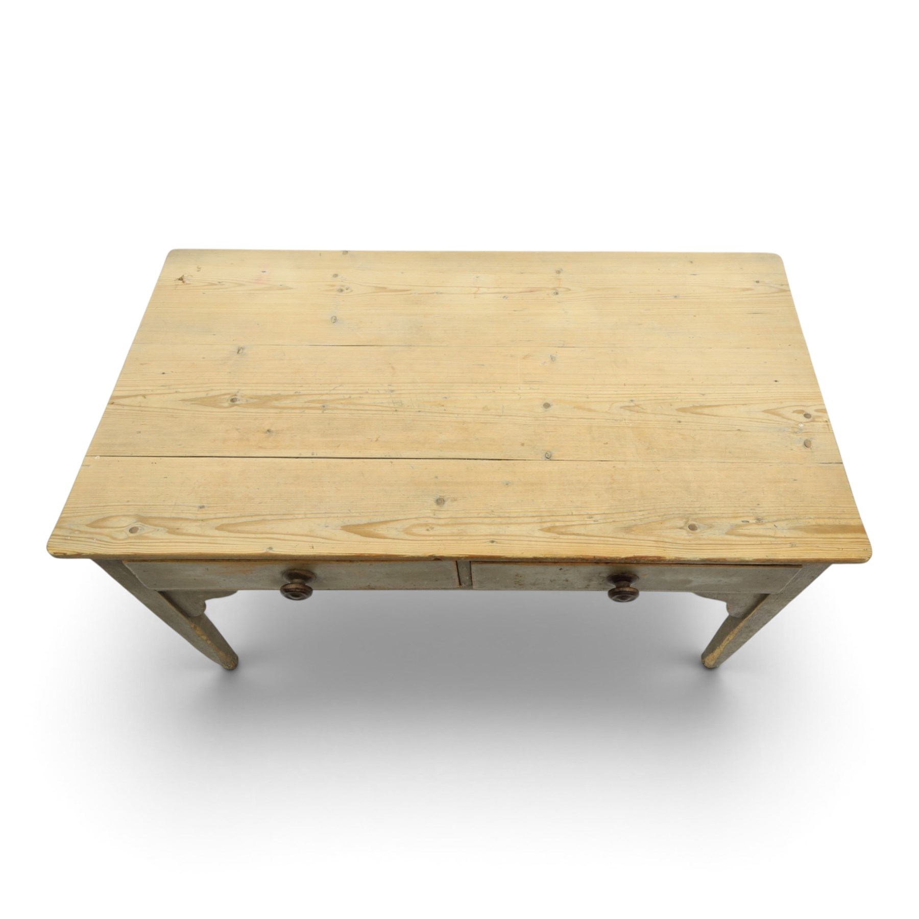 19th century stripped and painted rustic pine table, rectangular triple plank top fitted with two drawers, raised on square tapering supports