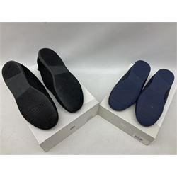 Two pairs of Mahabis slippers, comprising Mahabis classic navy slippers size EU38 and Mahabis outdoor black slippers EU47, both new in box