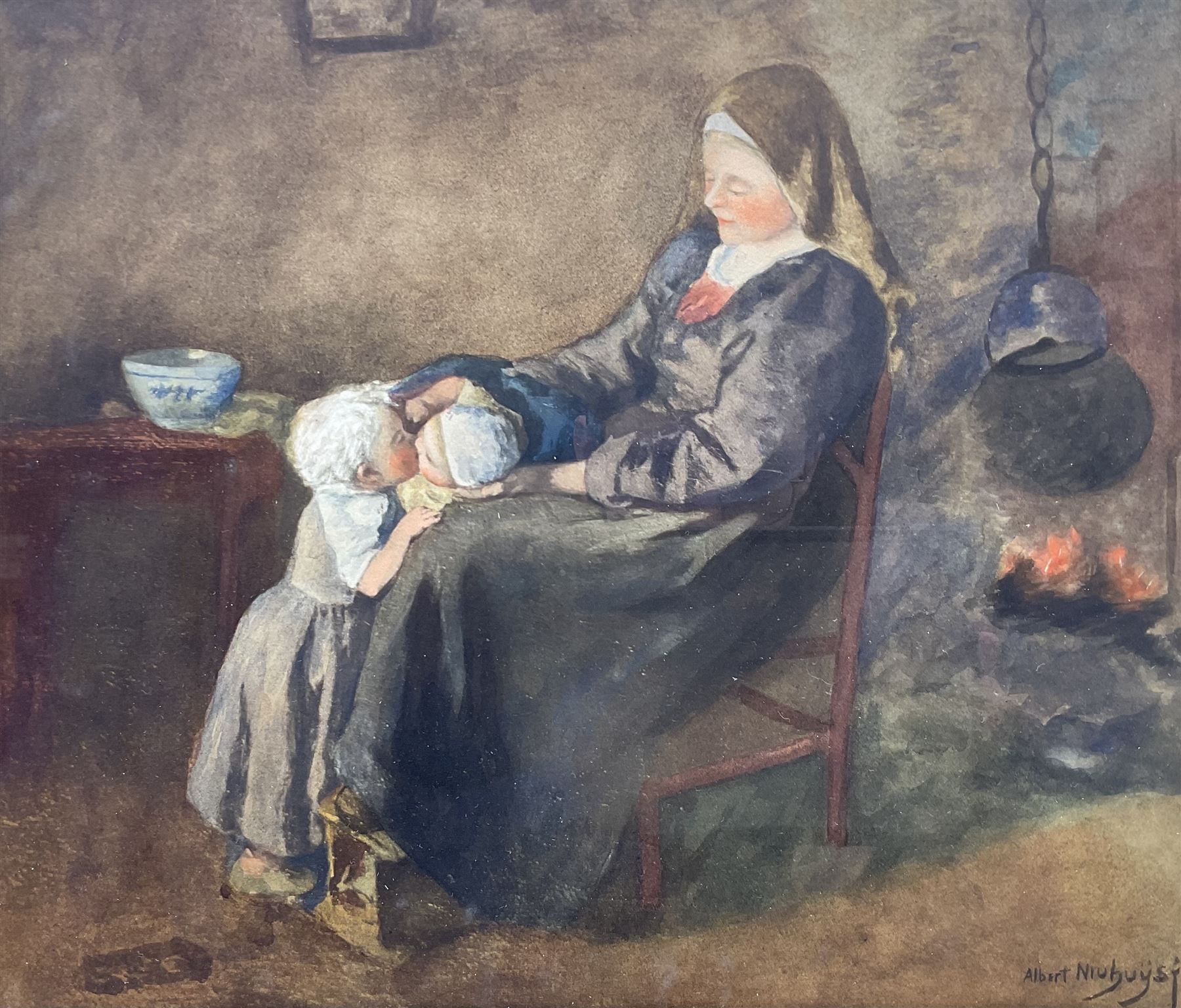 Albert Neuhuys (Dutch 1844-1914): 'A Fireside Scene', watercolour signed 30cm x 35cm