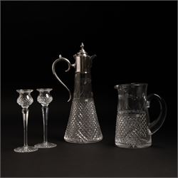 Stuart crystal Beaconsfield pattern claret jug with silver plated cover, matching water ju...