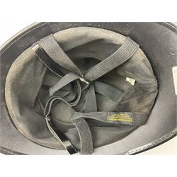 British Transport Police Custodian helmet with Queen's Crown plate; Hiatt & Co ebonised hardwood patrol truncheon; and pair of Hiatts 1960 hand-cuffs (3)