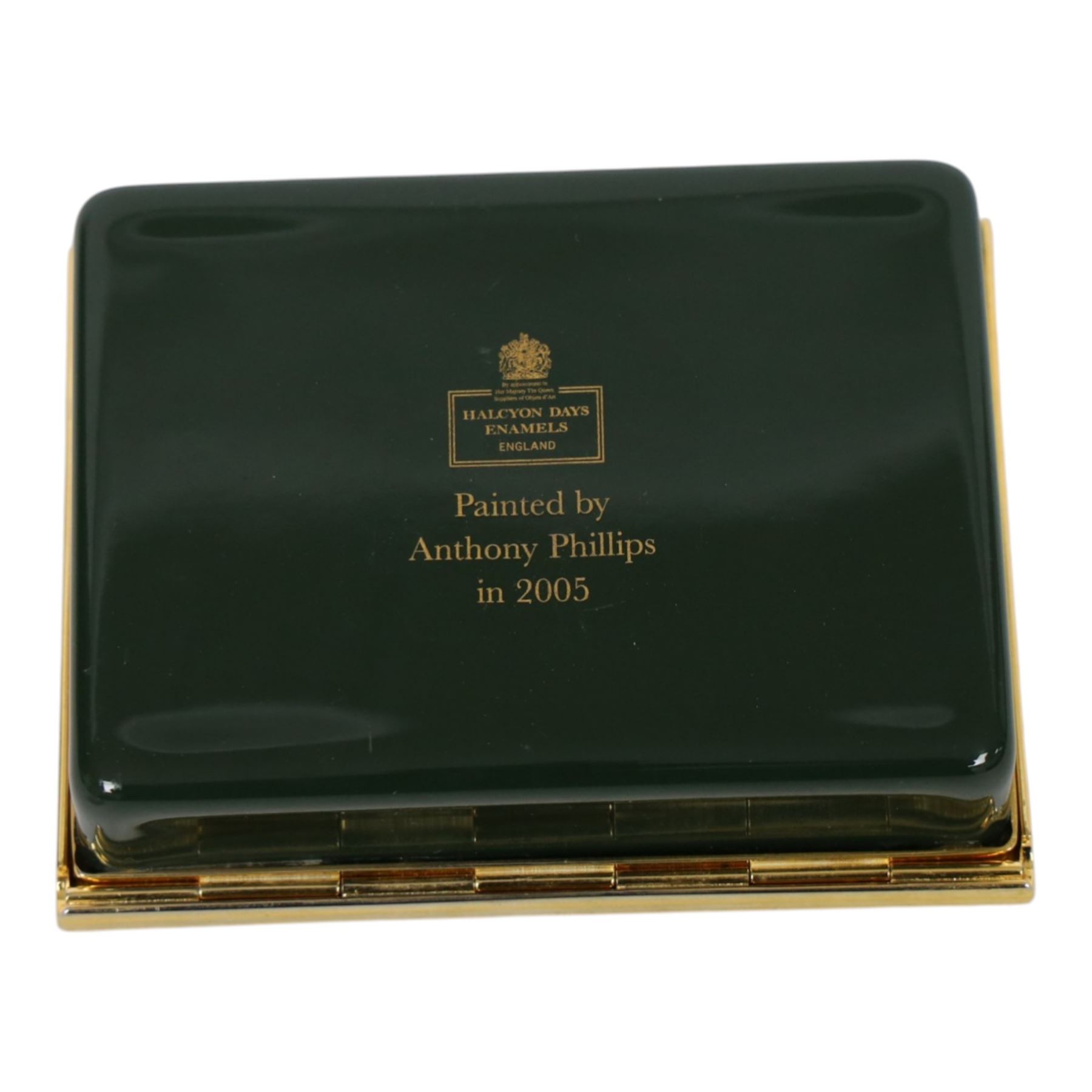 Two Halcyon Days bespoke commissioned enamel pill boxes, painted with 'The Clock House' and 'Polly & Lizzie'