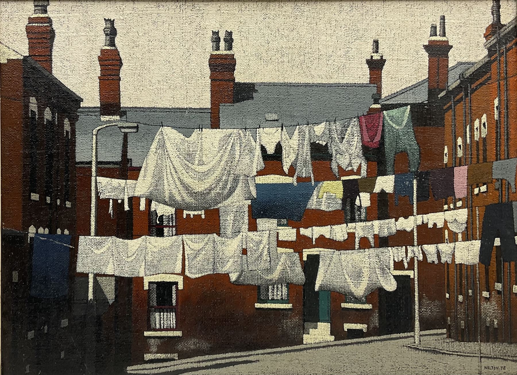 Stuart Walton (Northern British 1933-): Washing Day - Terraced Street Leeds, oil on canvas laid on board signed and dated '75, 55cm x 75cm 