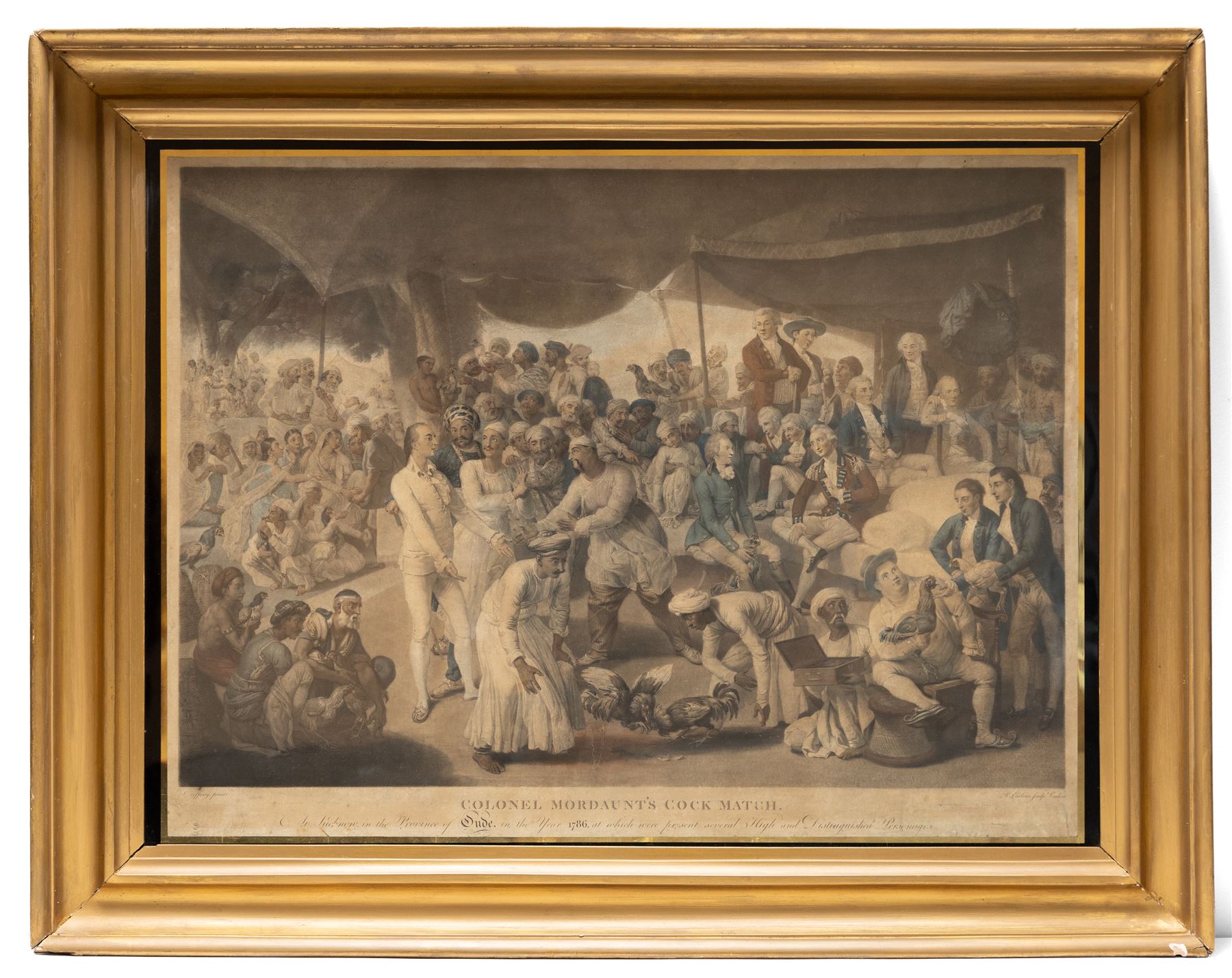 Richard Earlom (British 1743-1822) after Johann Joseph Zoffany (British 1733-1810): 'Colonel Mordaunt's Cock Match - At Lucknow in the Province of Oude in the Year 1786 at which were present several High and Distinguished Personages', hand-coloured mezzotint pub. Laurie & Whittle, London 1794, 46.5cm x 66.5cm 
Notes: an important record of British colonial life depicting a cock fight between Asaf-ud-daula, Nawab Wasir of Oudh, and Colonel John Mordaunt. In the corner of the painting, the artist has portrayed himself with pen in hand, poised to record the coming event. 