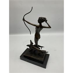Art Deco style bronze, after 'Lorenzl', modelled as a nude female figure holding a bow, with two dogs, with foundry mark, including base H33cm