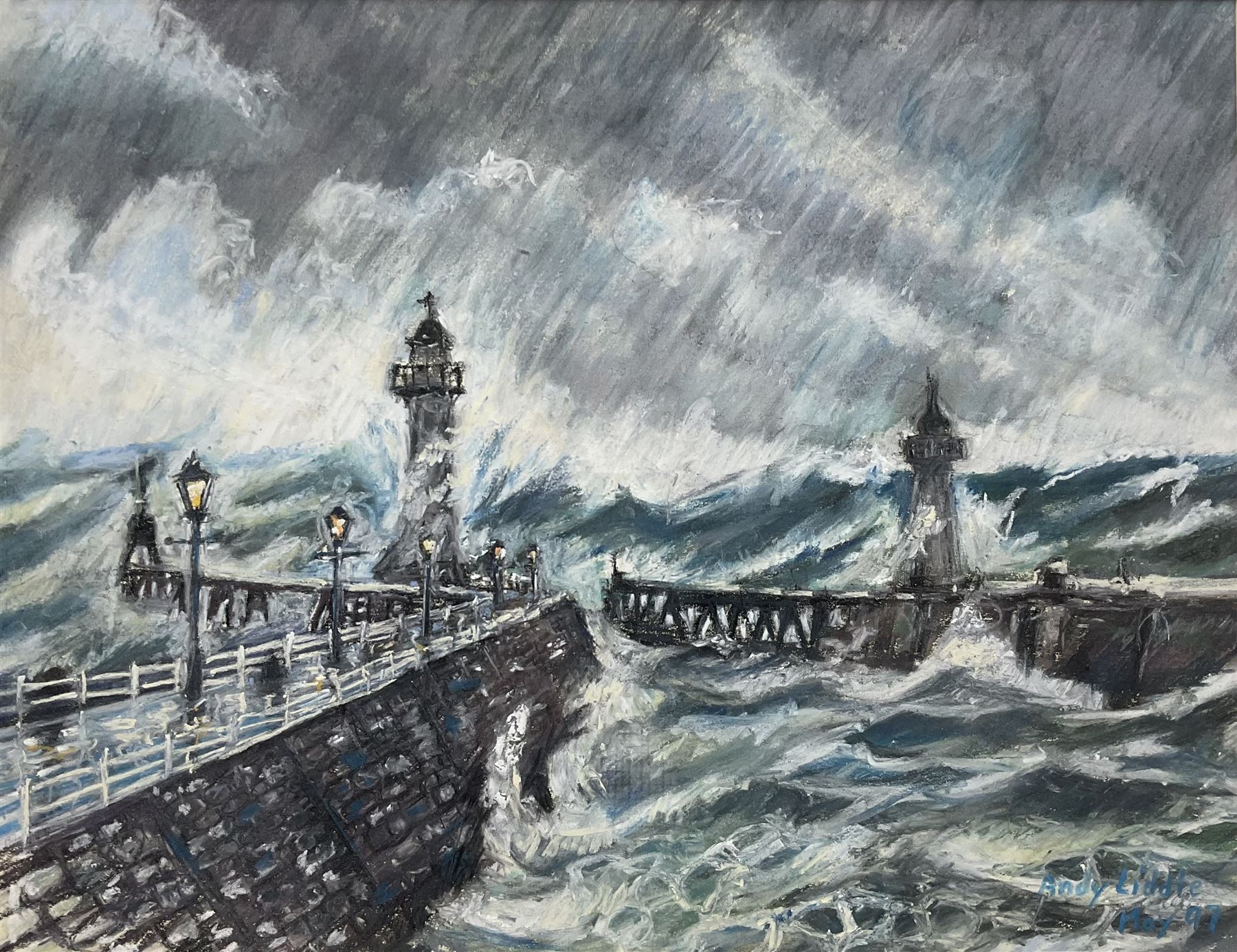 Andy Liddle (British Contemporary): Whitby Piers, pastel signed and dated May '97, 35cm x 45cm