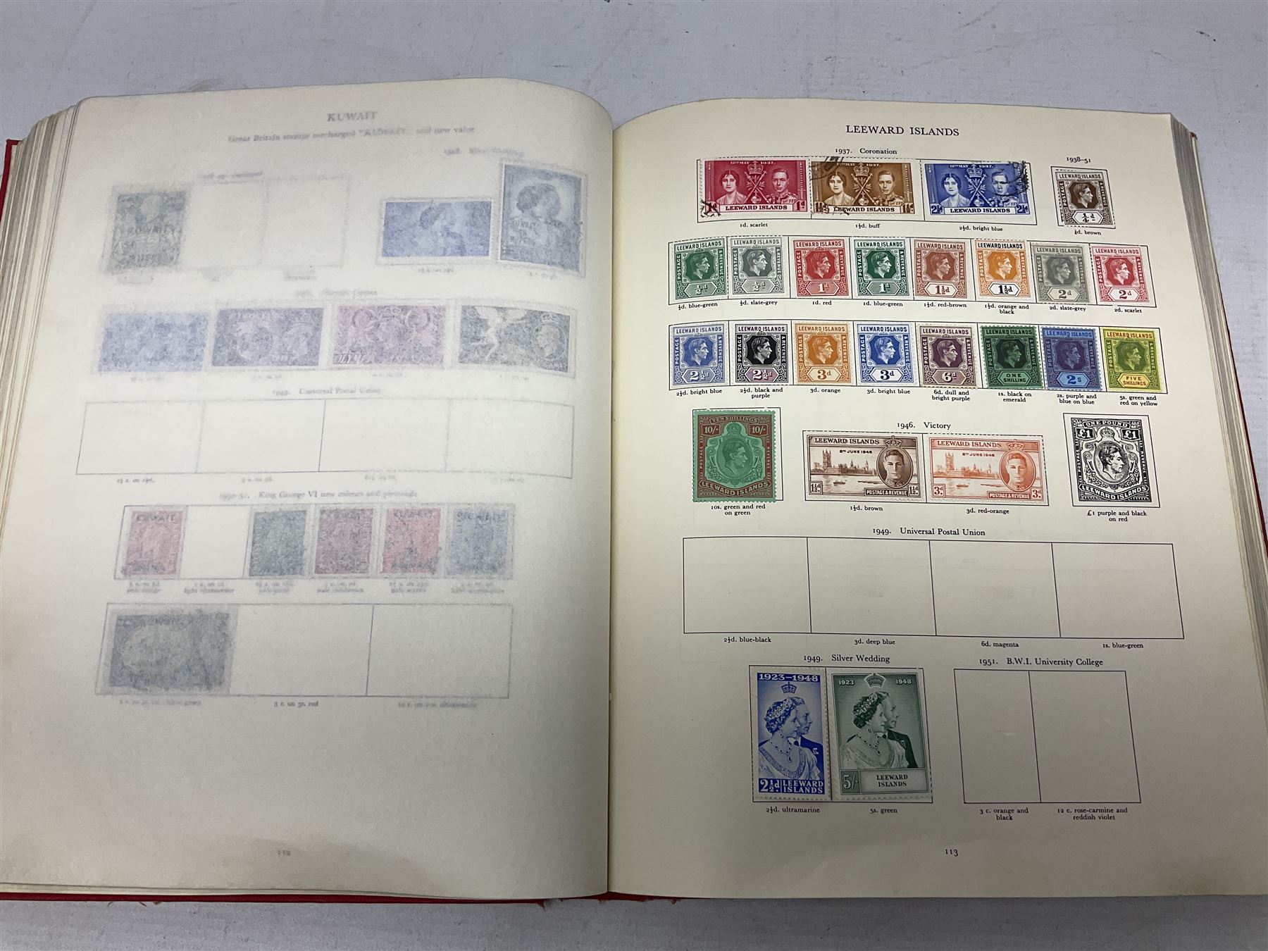 Single album collection of King George VI stamps, including Aden, Antigua, Ascension, Australia, Bahamas, Bahrain, Barbados, Basutoland, Bechuanaland, Bermuda, British Solomon Islands, Brunei, Burma, Cayman Islands, Dominica, Falkland Islands, Gambia, Gilbert and Ellice Islands, Gold Coast, Great Britain 1939-48 set to one pound including ten shilling dark blue, Grenada, Hong Kong, India, Ireland, Jamaica, Leeward Islands, Malta, Mauritius, New Zealand etc
