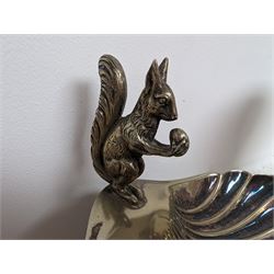 George Jensen stainless steel wine cooler, together with a silver plated pedestal dish, in the form of a clam shell and with squirrel decoration and four silver plated trinket dishes with applied pheasant decoration