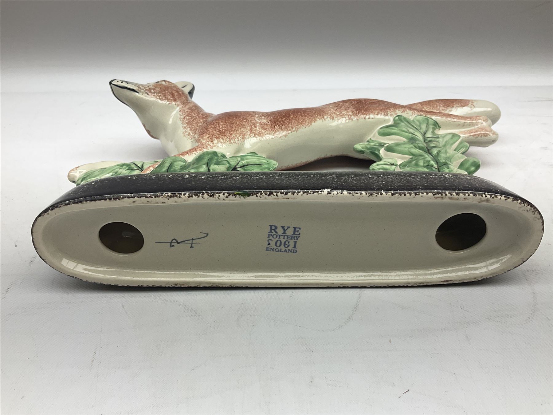 Six Rye Pottery figures, comprising, jumping fox, squirrel upon a branch, billy goat, bull, chicken and cockerel  