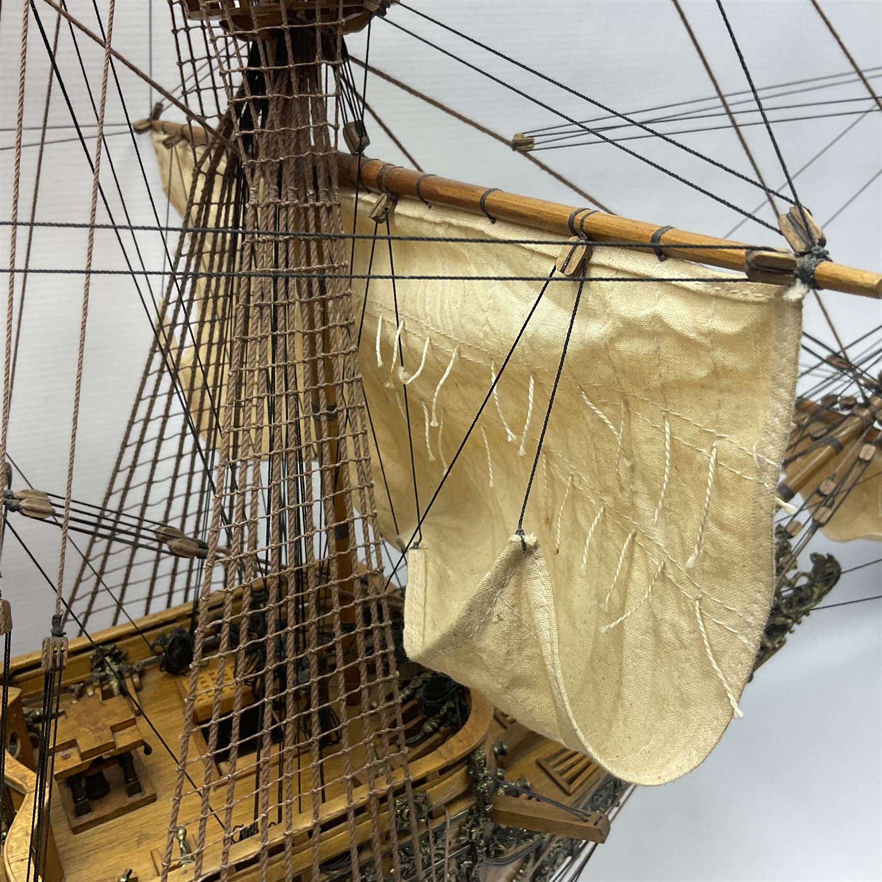 Large kit built scale model of 17th century Royal Navy warship 'HMS Sovereign of the Seas', upon wooden stand with engraved name plaque, H91cm, W111cm