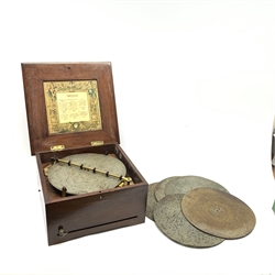  German Schutz-Marke Symphonium disc musical box in later mahogany case, the quarter veneered top opening to reveal the Symphonion label behind glass under the lid, twin steel combs with forty-two teeth each and lever winding action to the front No.350480, with six 27cm discs, 35.5cm square  