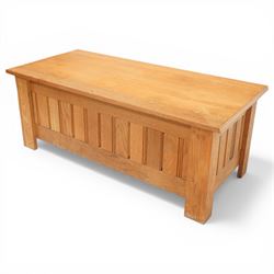 Light oak panelled blanket box, hinged top