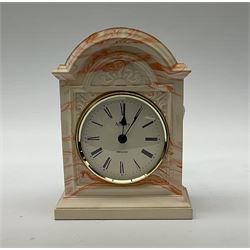 Aynsley portland ware mantel clock, with peacock design, along with a wooden table lamp and lampshade, a collection of metal ware including a walker and hall covered dish and tray, flatware etc. 