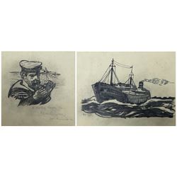 Norman Wilkinson CBE RI (British 1878-1971): Fisherman Lighting his Pipe and Trawler at Sea, two pencil drawings signed 16.5cm x 20cm (2) (unframed)