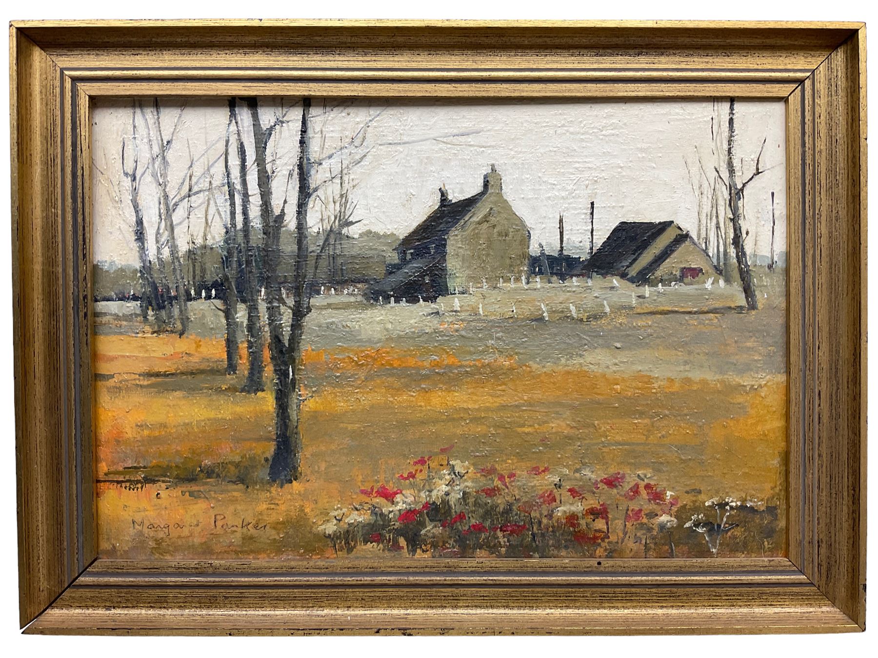 Margaret Parker (Northern British 1925-2012): Winter Farmstead, oil on board signed 23cm x 34cm