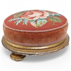 Victorian gilt wood circular footstool on compressed feet and with upholstered top, the base with an old label D32cm and one other Victorian footstool (2) 