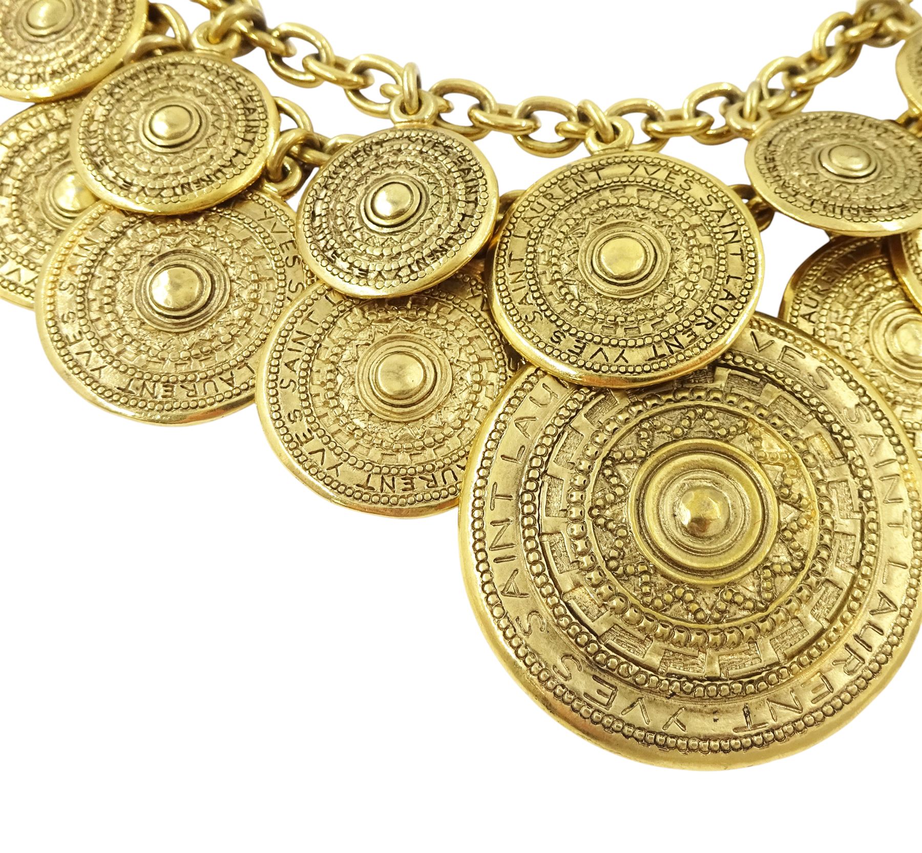 Yves Saint Laurent gilt metal two-tier necklace, with textured medallion charms 