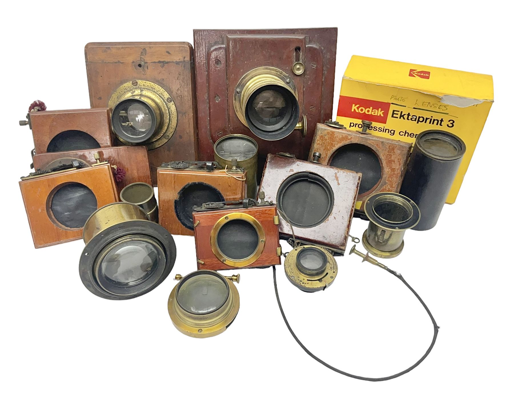 Selection of Brass Camera Lenses, to include Ross London lens 8 1/2 x 6 1/2, Beck Symmetrical lens, etc together with lens holders 