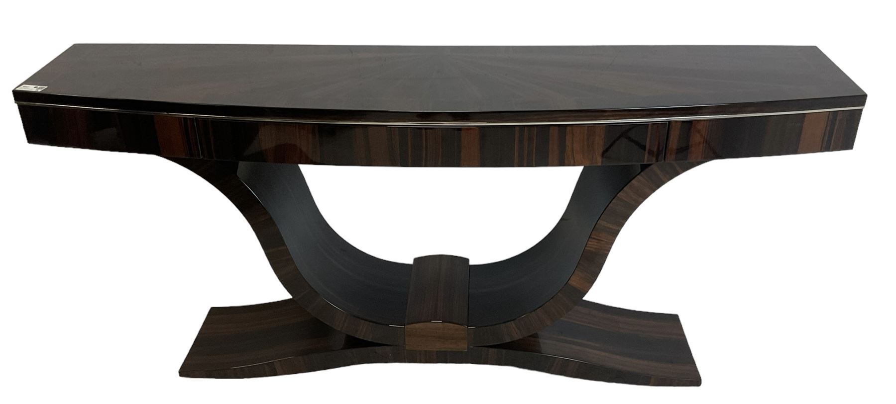 Giorgio Collection - Art Deco design macassar ebony 'Luna' console table, rectangular bow-front top with cross-banding and sun-burst veneer, fitted with single drawer, raised on a curved U-shaped base, retailed by Harrods