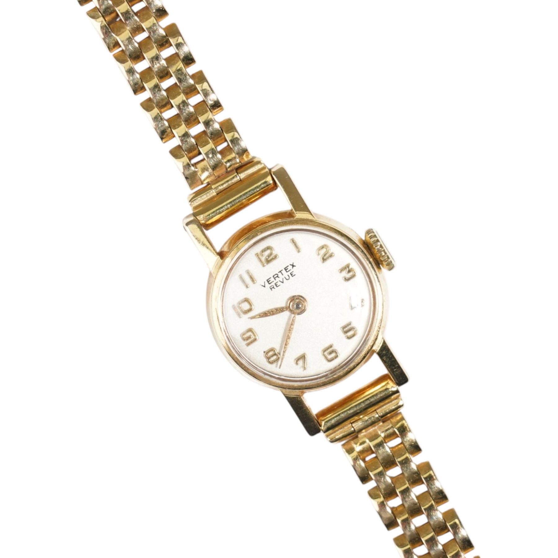 Vertex Revue ladies 9ct gold manual wind wristwatch, on 9ct gold bracelet, hallmarked
