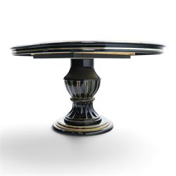 Italian Neoclassical inspired ebonised gloss dining table with four matching chairs,  circular top with additional leaf (Extends to  145cm) with Greek key banding, on a shaped pedestal base with gilt highlights and stepped plinth, the chairs en suite with padded back and seat with Greek key, reeded front supports