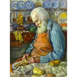  Olive Bagshaw (Northern British fl.1965-1978): Old Man Peeling Potatoes, oil on canvas laid on board unsigned 59cm x 44cm Provenance: from the Artist's Studio Sale. Miss Bagshaw who was born in Salford, received her formal art training at Salford and Manchester Art School. Her work has been regularly accepted at the Royal Society of Portrait Painters, the Royal Academy and Federation of British Artists (Information from a 1970's Monks Hall Museum and Gallery exhibition catalogue)  DDS - Artist's resale rights may apply to this lot  