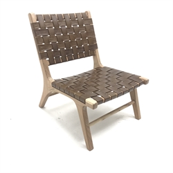  Hardwood framed easy chair, lattice leather work splat and seat, W62cm  