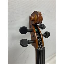 Three Stentor Student violins - three-quarter size with 33cm two-piece back; and two quarter size each with 28cm two-piece back; each in carrying case with bow (3)