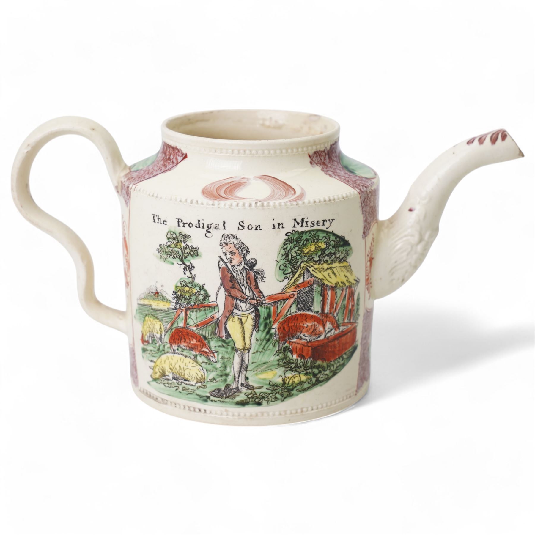 Late 18th century creamware teapot by William Greatbatch, decorated with scenes from 'The Prodigal Son' series including 'The Prodigal Son in Excess' and 'The Prodigal Son in Misery', lacking cover, H10cm