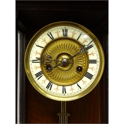  Early 20th century Vienna style wall clock with turned finials, circular Roman dial and twin train half hour striking the hours on a coil, H91cm  