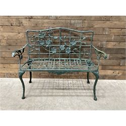Cast aluminium garden dining set, comprising ornate circular table (D91cm, H68cm) a two seater bench, on cabriole supports (W118cm, H93cm, D55cm), and two matching armchairs (W55cm, H95cm, D54cm)