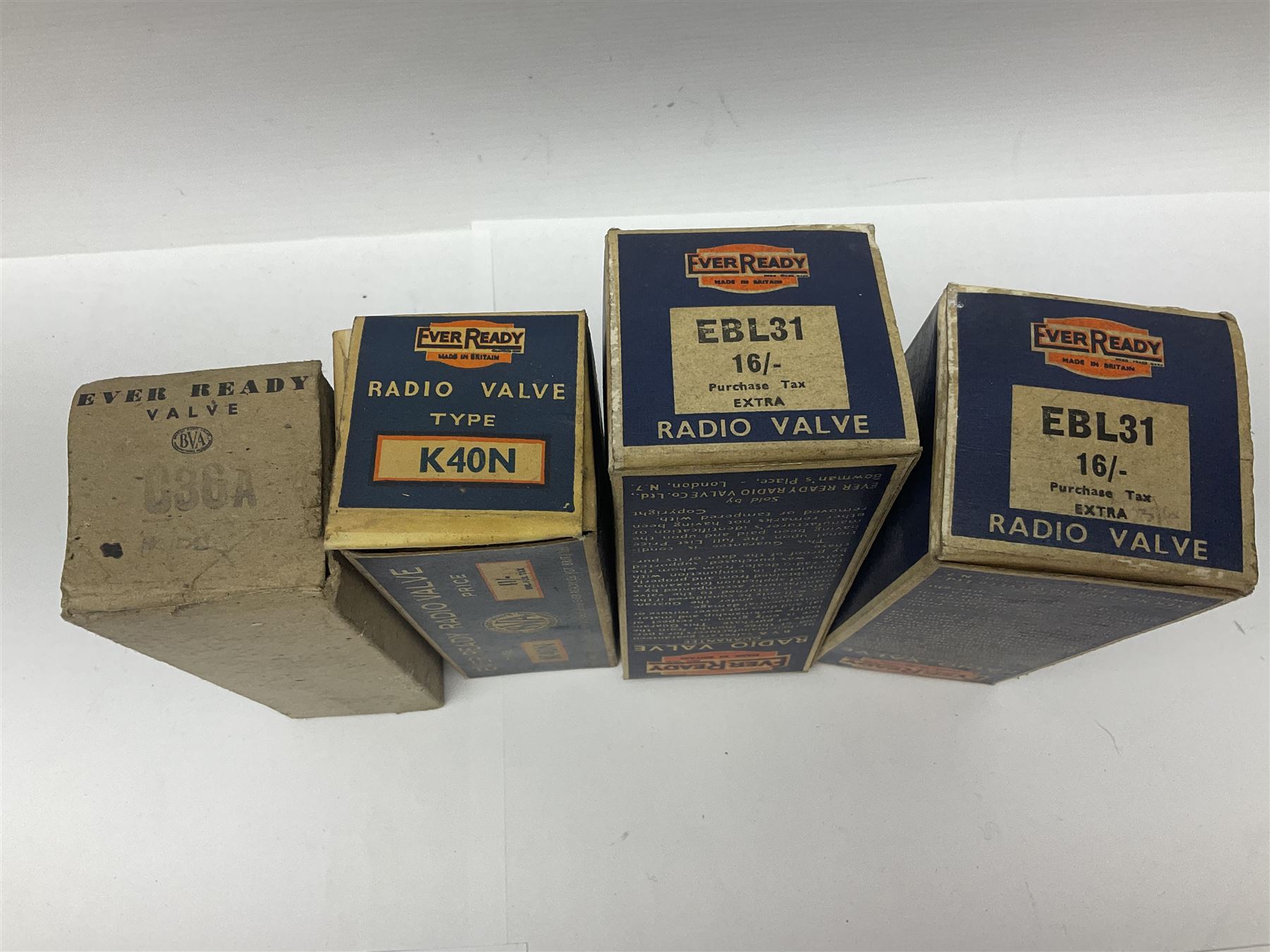 Five Ever Ready thermionic radio valves/vacuum tubes, comprising two EBL31, K40N, C36A, C50N, all in original boxes 