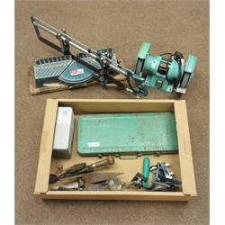  Tools including double headed bench grinder, socket set, mitre saw, hand drill and other hand tools  