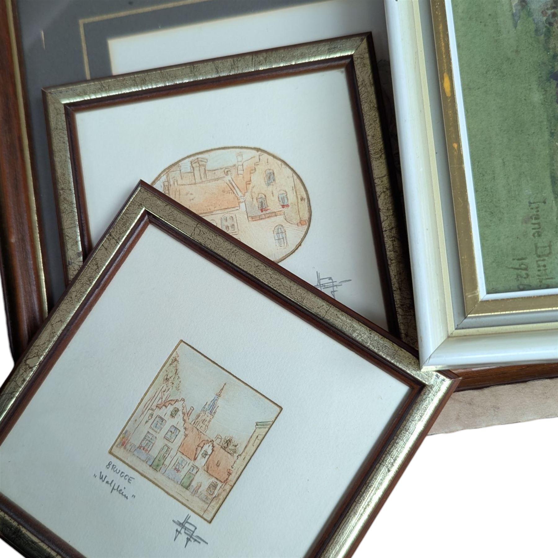 H E Downing watercolour of Chester; S Wagstaff pair of watercolours; Irene Dunlop cottage watercolour together with watercolour of ducks and others (one box)