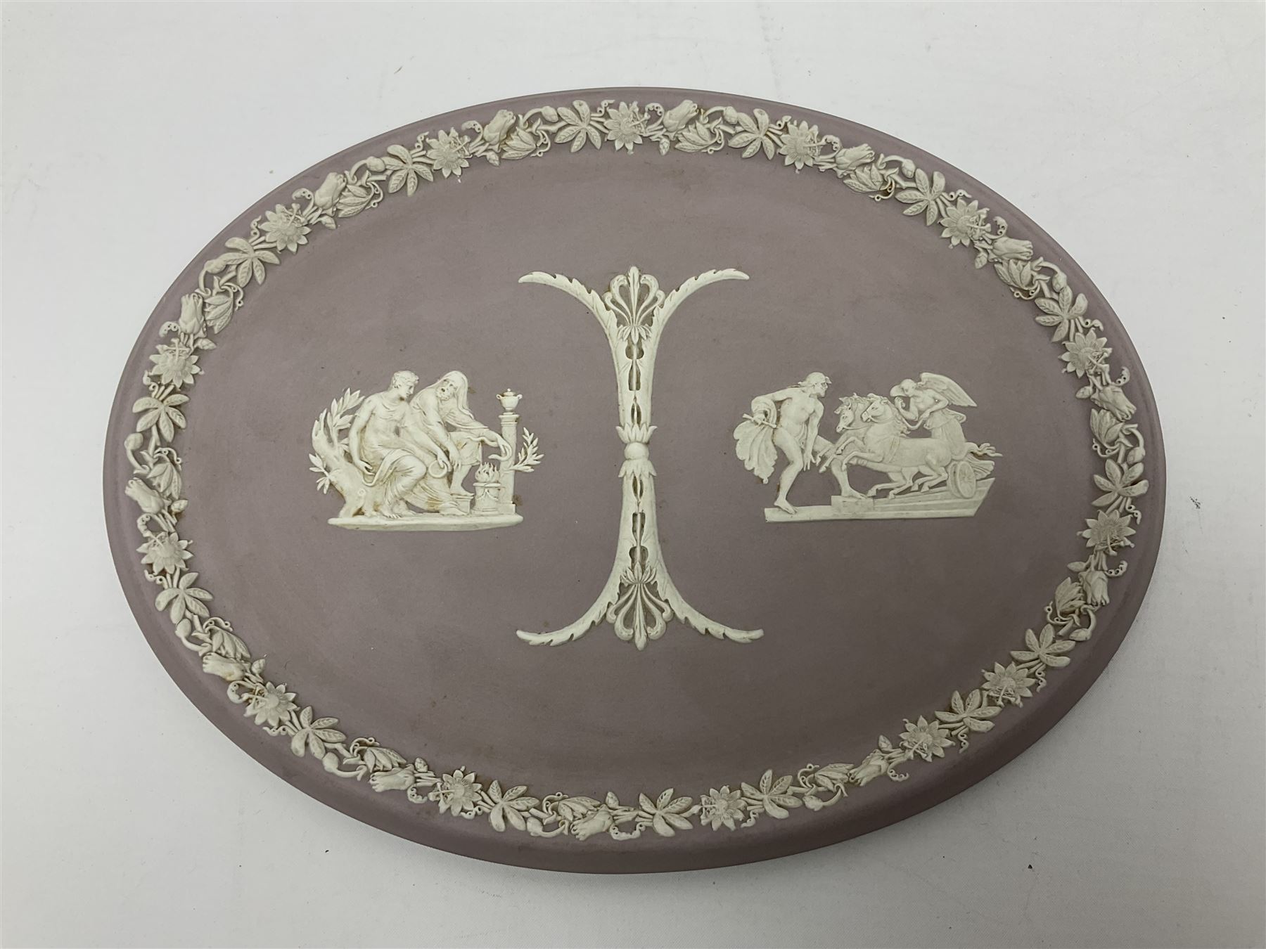 Collection of Wedgwood Jasperware, in orange, lilac and pink colourways, including oval tray, small jug, trinket boxes, trinket dishes, etc , all with impressed mark beneath