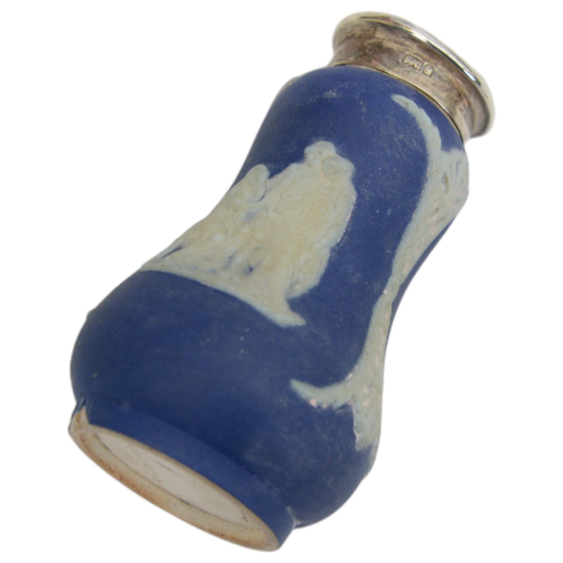 Blue guilloche enamel decorated travel dressing table set, housed in a blue carry case, together with a pair of silver plated shell salts with matching spoons, Wedgwood Jasperware salt with silver top, hallmarked and other cabinet items 