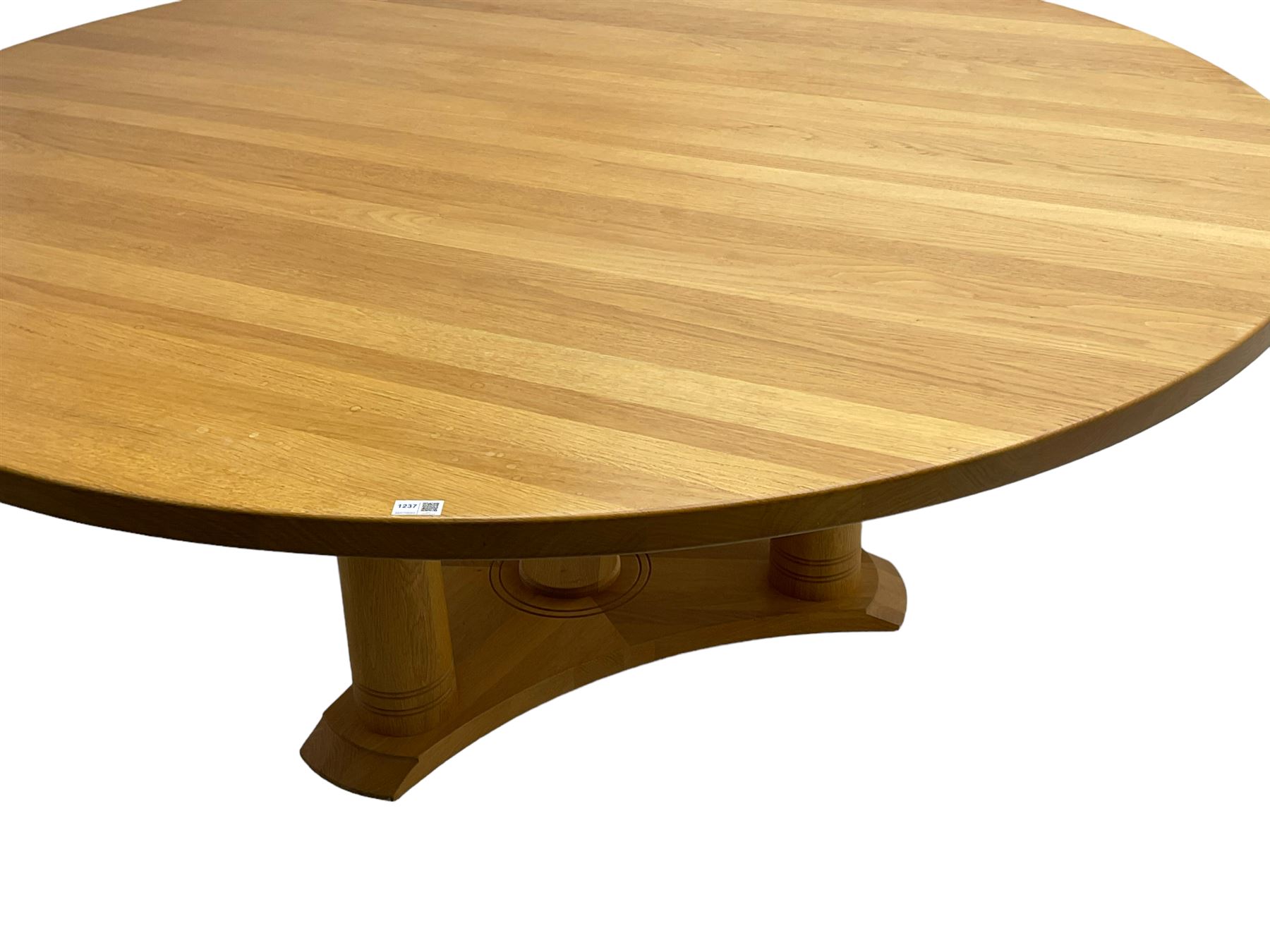 Chris Berry for Berrydesign - contemporary bespoke solid light oak dining table, circular top over ring turned triple pedestal with triform base