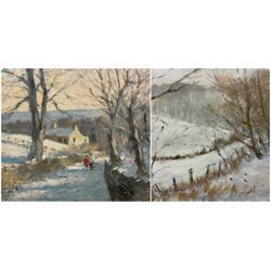 William Burns (British 1923-2010): 'Winter: Near Hackness Scarborough' and 'Going Home from Sledging', two oils on board signed, titled verso max 16cm x 22cm (2) (unframed)
Provenance: consigned by the artist's daughter - never previously been on the market.