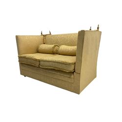 Edwardian knole design drop-arm two seat sofa, upholstered in yellow damask fabric with sprung back and seat and matching bolster cushions