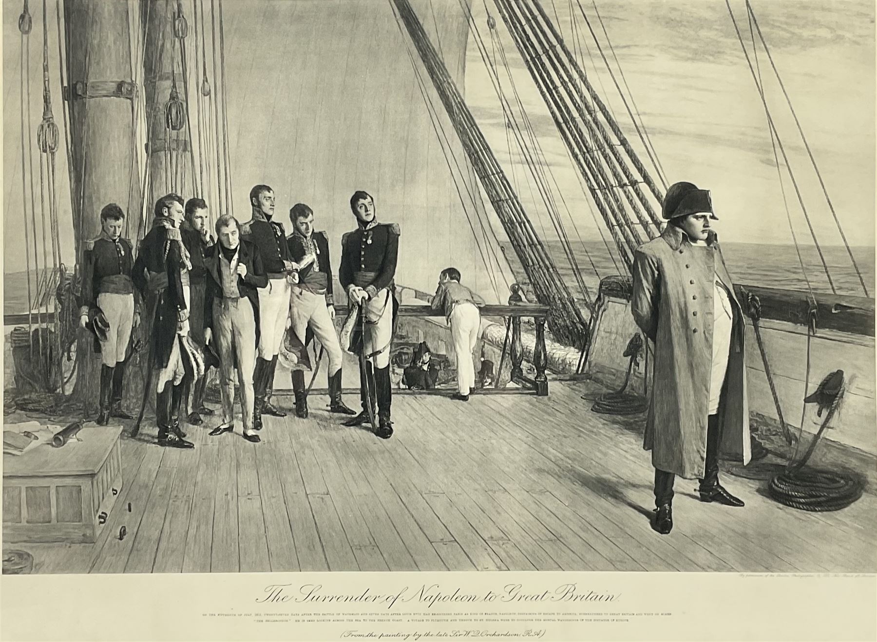 After Sir William Quiller Orchardson (Scottish 1832-1910): 'The Surrender Of Napoleon To Great Britain', monochrome print pub. 1910, 40cm x 61cm; after Elizabeth Southerden Butler (née Thompson) (British 1846-1933): 'Balaclava - The Return 25 October 1854. The Charge of the Six Hundred', monochrome print pub. 19011, 33cm x 63cm; after Andrew Carrick Gow (British 1848-1920): 'Farewell to Nelson', monochrome print 62cm x 38cm