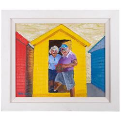 Sue Atkinson (British 1949-): 'Tea for Two' Whitby Huts, oil on canvas signed 24cm x 29cm 
