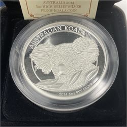 Queen Elizabeth II Australia 2014 'High Relief Koala' silver proof five ounce coin, cased with certificate