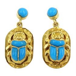 Egyptian 18ct gold turquoise scarab beetle pendant stud earrings