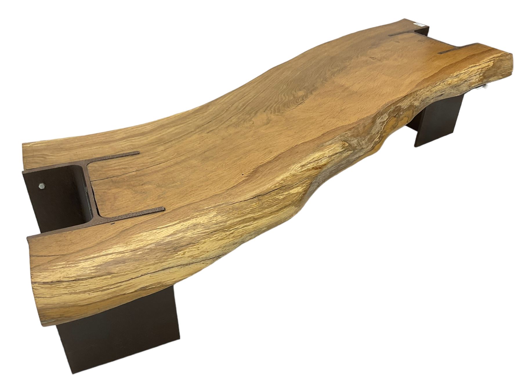 Raw edge shaped oak plank bench or side table on steel RSJ supports
