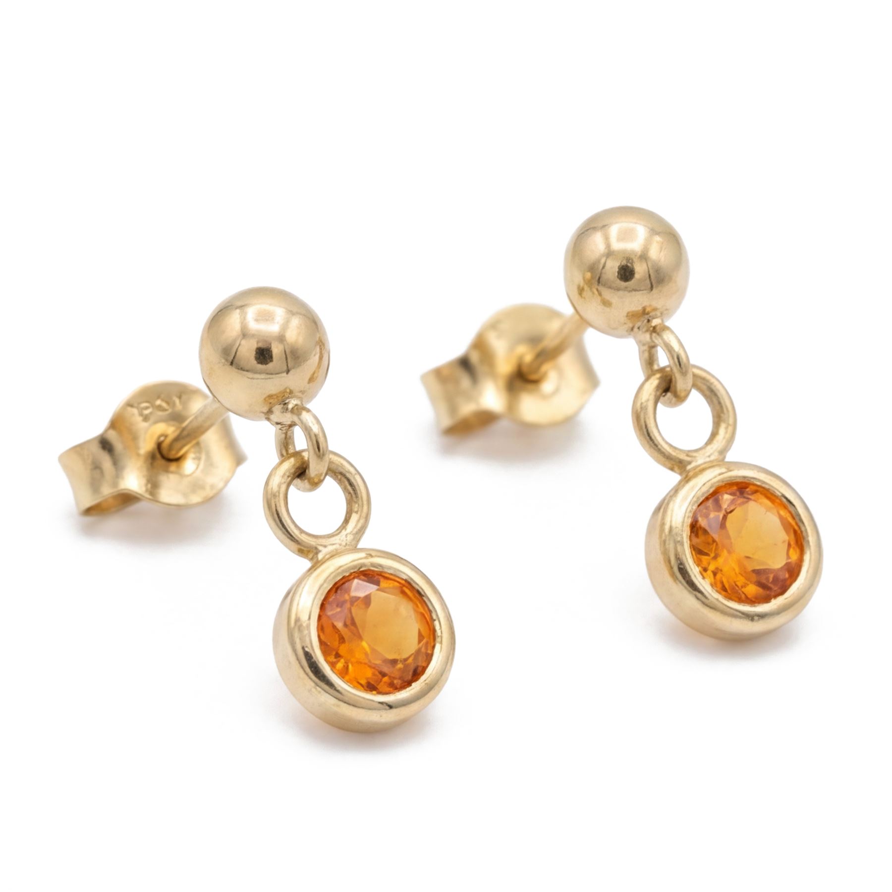 Pair of 9ct gold fire opal pendant earrings, each stud set with a single round cut opal, stamped 375