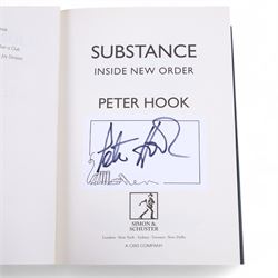 Joy Division/New Order framed album inserts and CDs, both signed by Peter Hook, together with three signed Peter Hook books 'Unknown Pleasures', 'Substance' and 'The Hacienda' and two The Hacienda t-shirts, frame H33cm