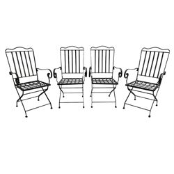 Set of six (4+2) grey finish wrought metal garden chairs, with shaped cresting rail over vertical slat back, latticework seat  - THIS LOT IS TO BE COLLECTED BY APPOINTMENT FROM DUGGLEBY STORAGE, GREAT HILL, EASTFIELD, SCARBOROUGH, YO11 3TX